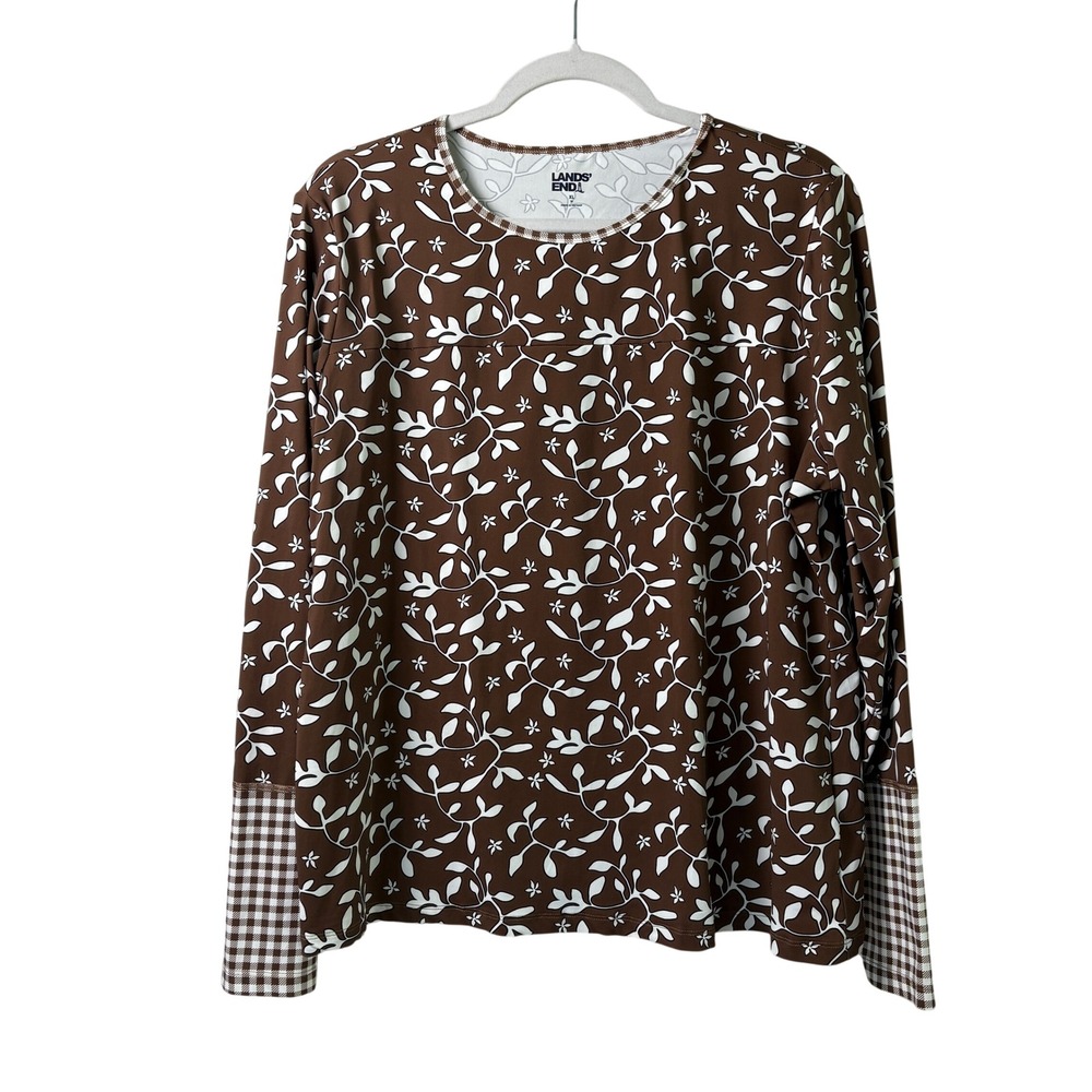 Lands End Swim Top Womens XL Brown White‎ Floral Gingham Long Sleeve Cover Up